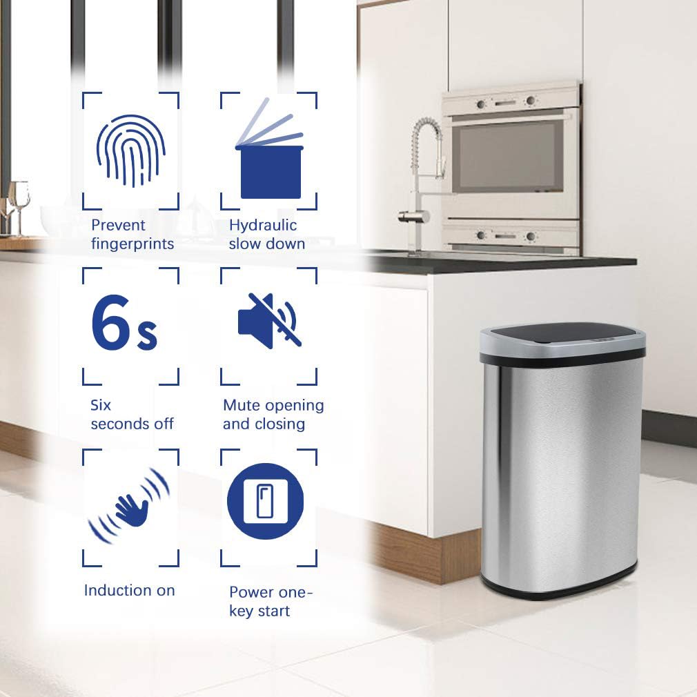 13-Gallon Trash Can with Lid | Automatic Touchless Sensor Trash Can | Odor-Blocking Design | Easy to Clean | Stainless Steel