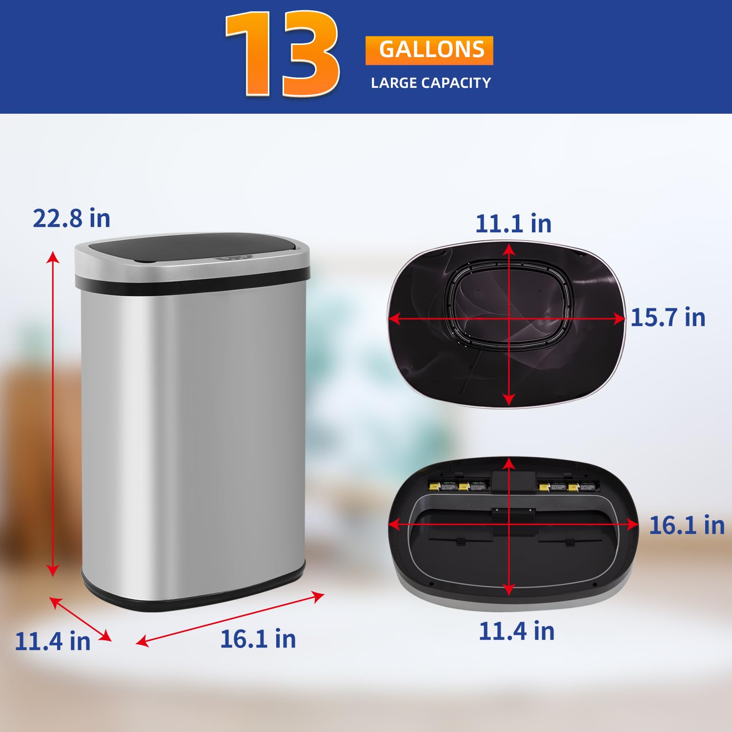 13-Gallon Trash Can with Lid | Automatic Touchless Sensor Trash Can | Odor-Blocking Design | Easy to Clean | Stainless Steel