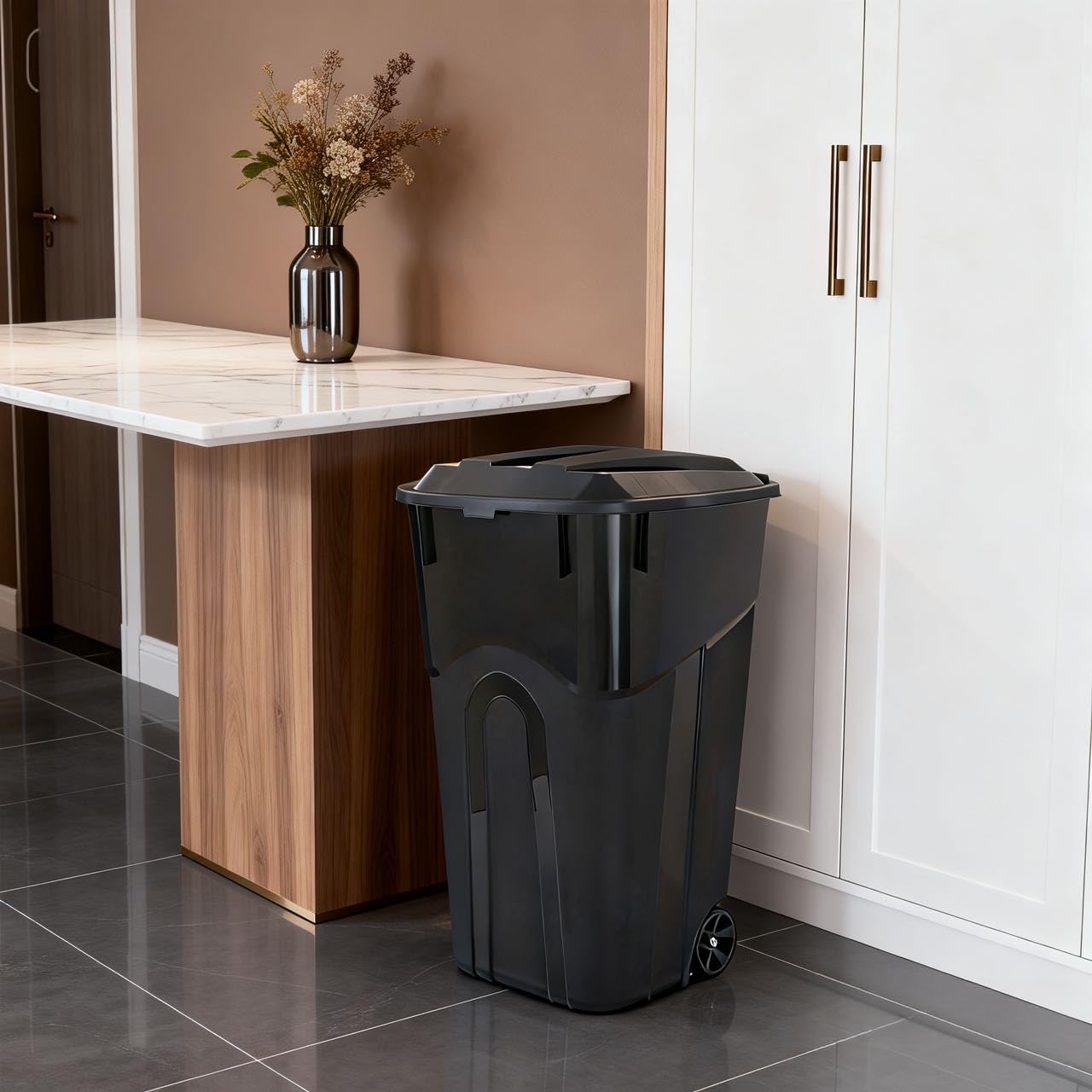 32 Gallon Wheeled Garbage Can. Attached Lid. Black : Home & Kitchen