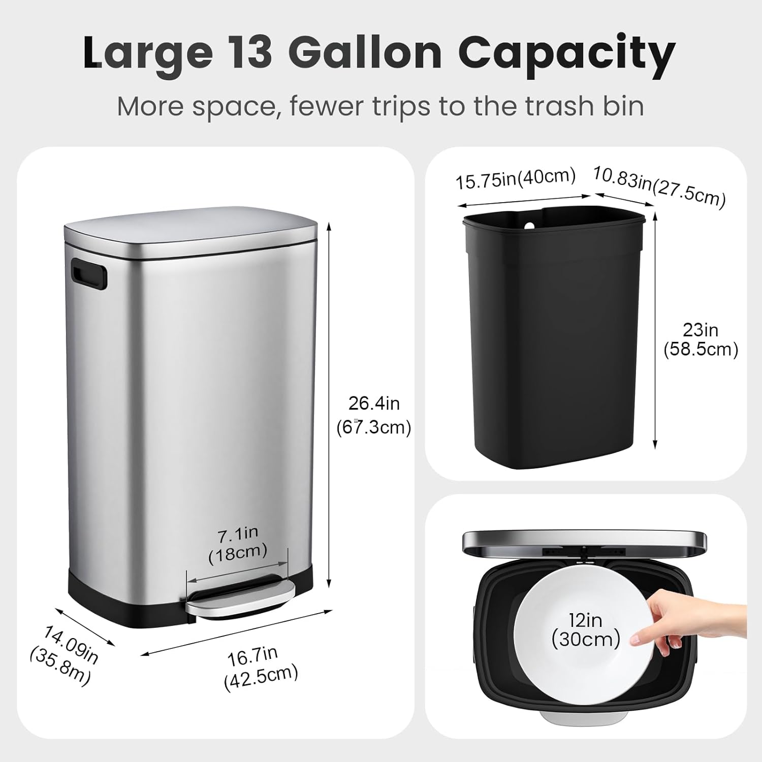 Kitchen Trash Can with Soft-Close Lid — 13-Gallon/50-Liter Stainless Steel Step-On Trash Can.