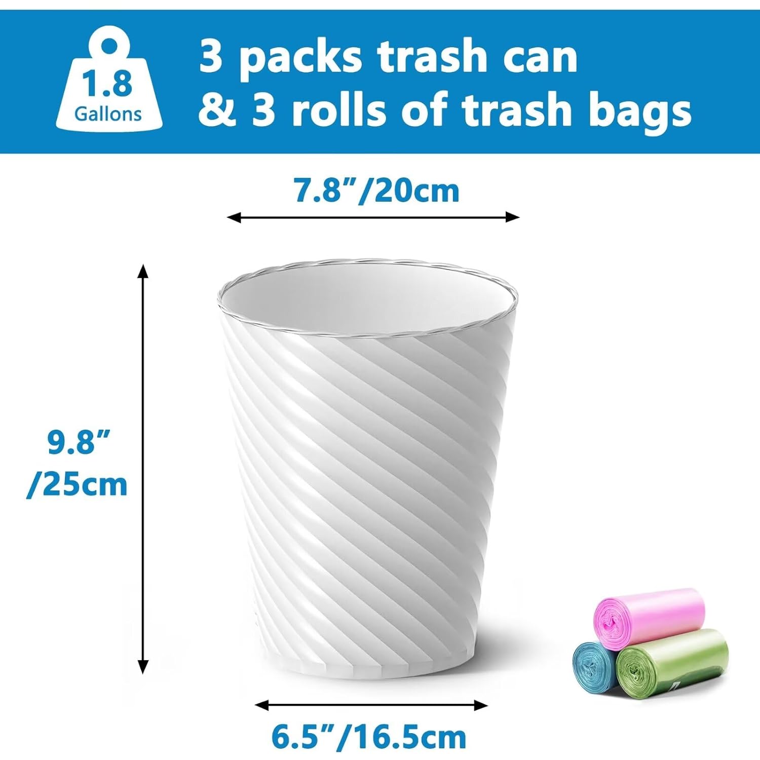 Bathroom Trash Cans (Pack of 3, 1.8 Gallons / approx. 6.8 Liters, Trash Bags Included)