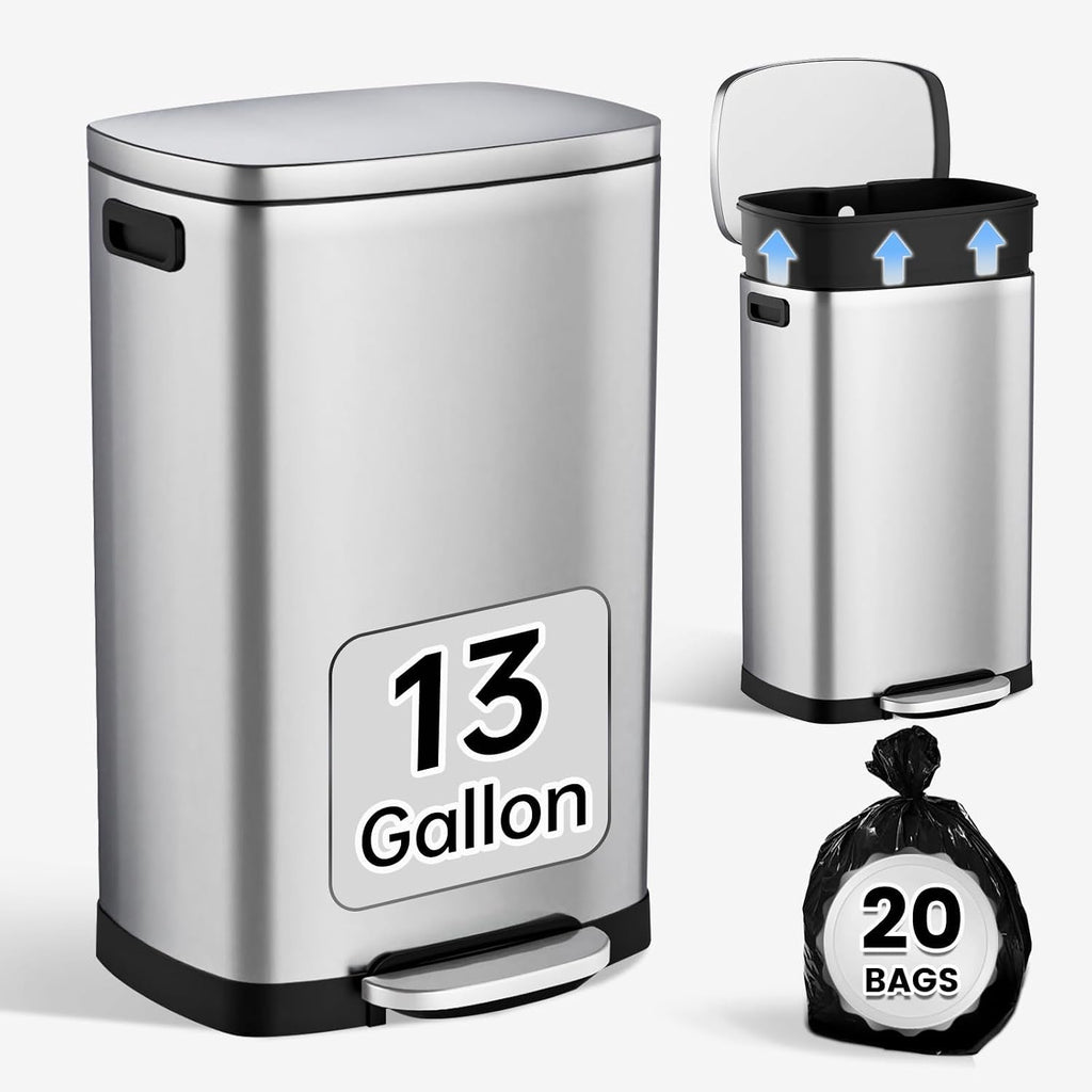 Kitchen Trash Can with Soft-Close Lid — 13-Gallon/50-Liter Stainless Steel Step-On Trash Can.