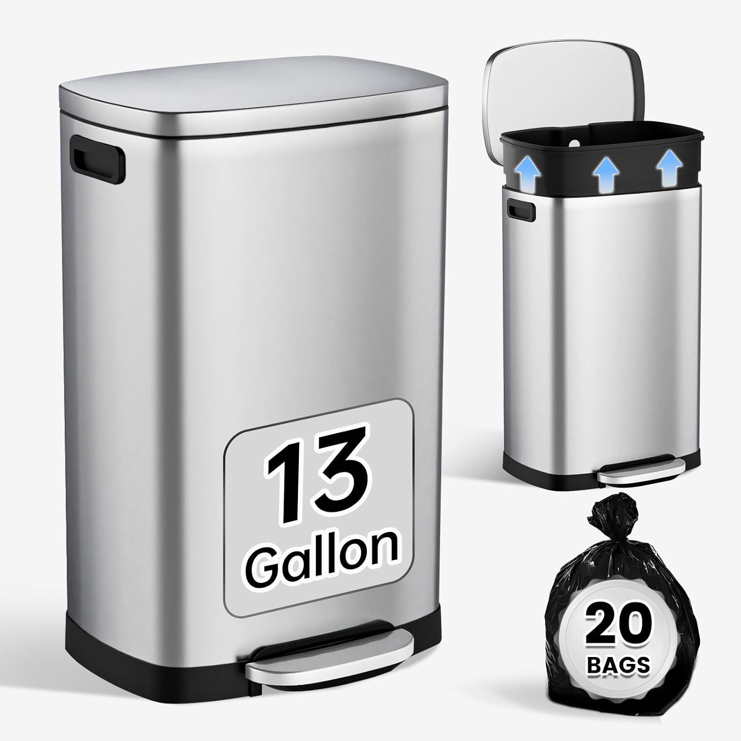 Kitchen Trash Can with Soft-Close Lid — 13-Gallon/50-Liter Stainless Steel Step-On Trash Can.