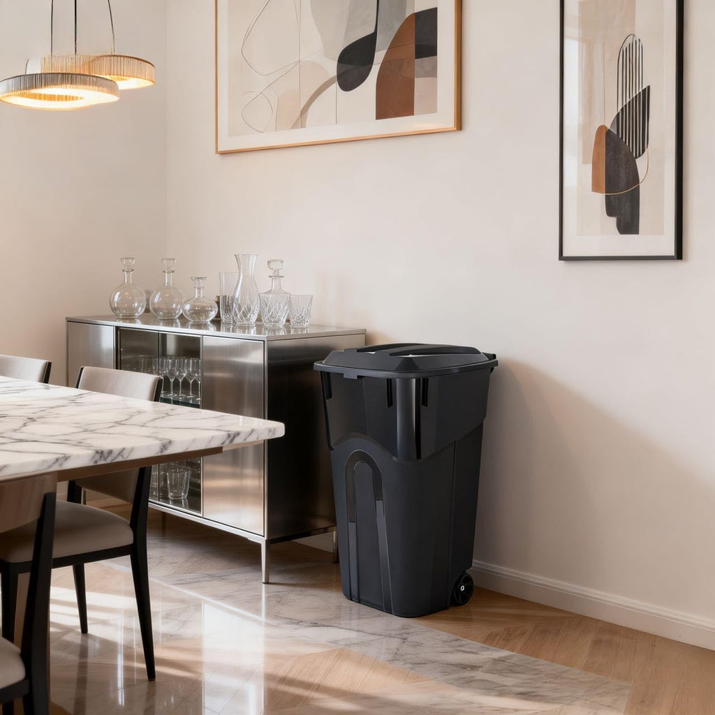 32 Gallon Wheeled Garbage Can. Attached Lid. Black : Home & Kitchen