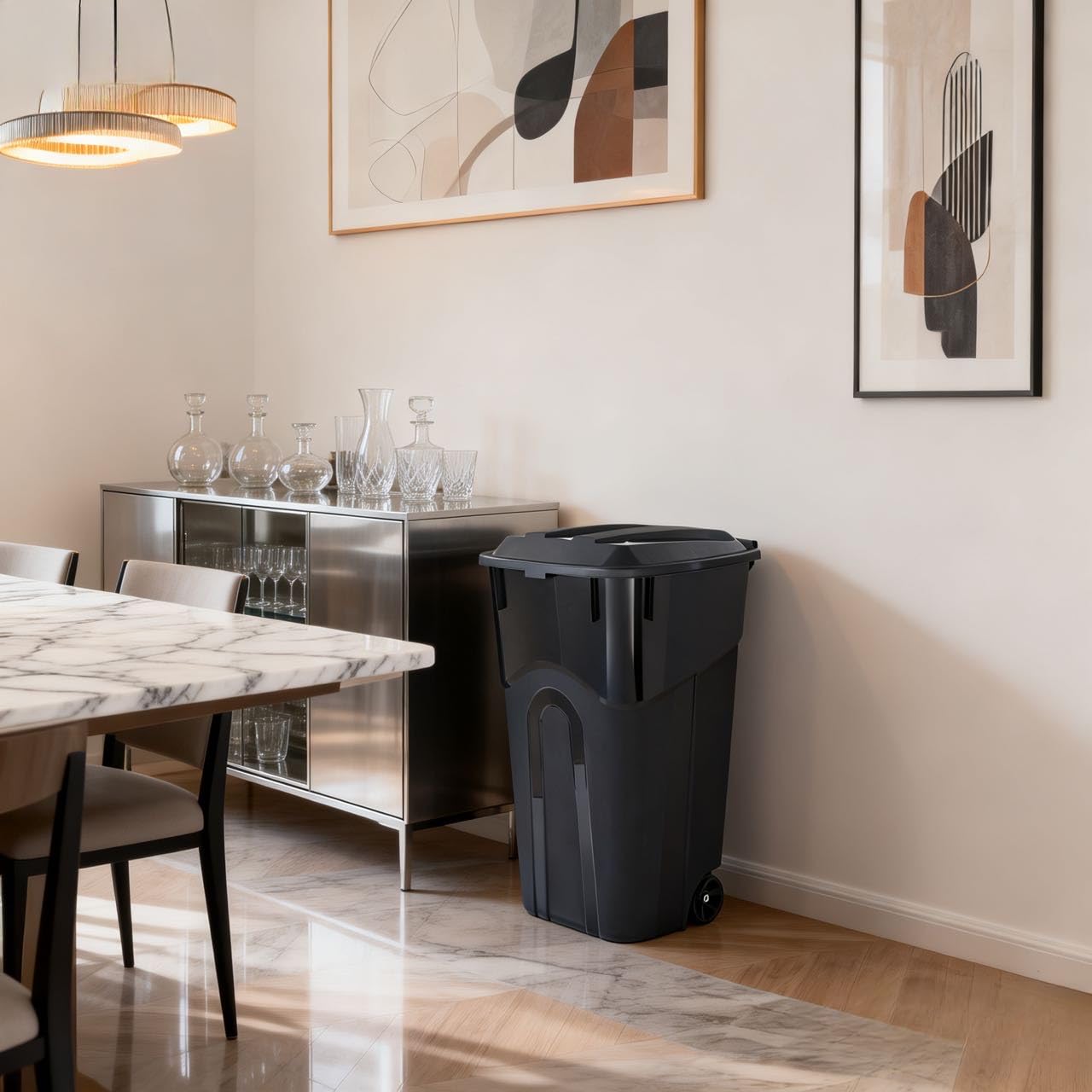 32 Gallon Wheeled Garbage Can. Attached Lid. Black : Home & Kitchen