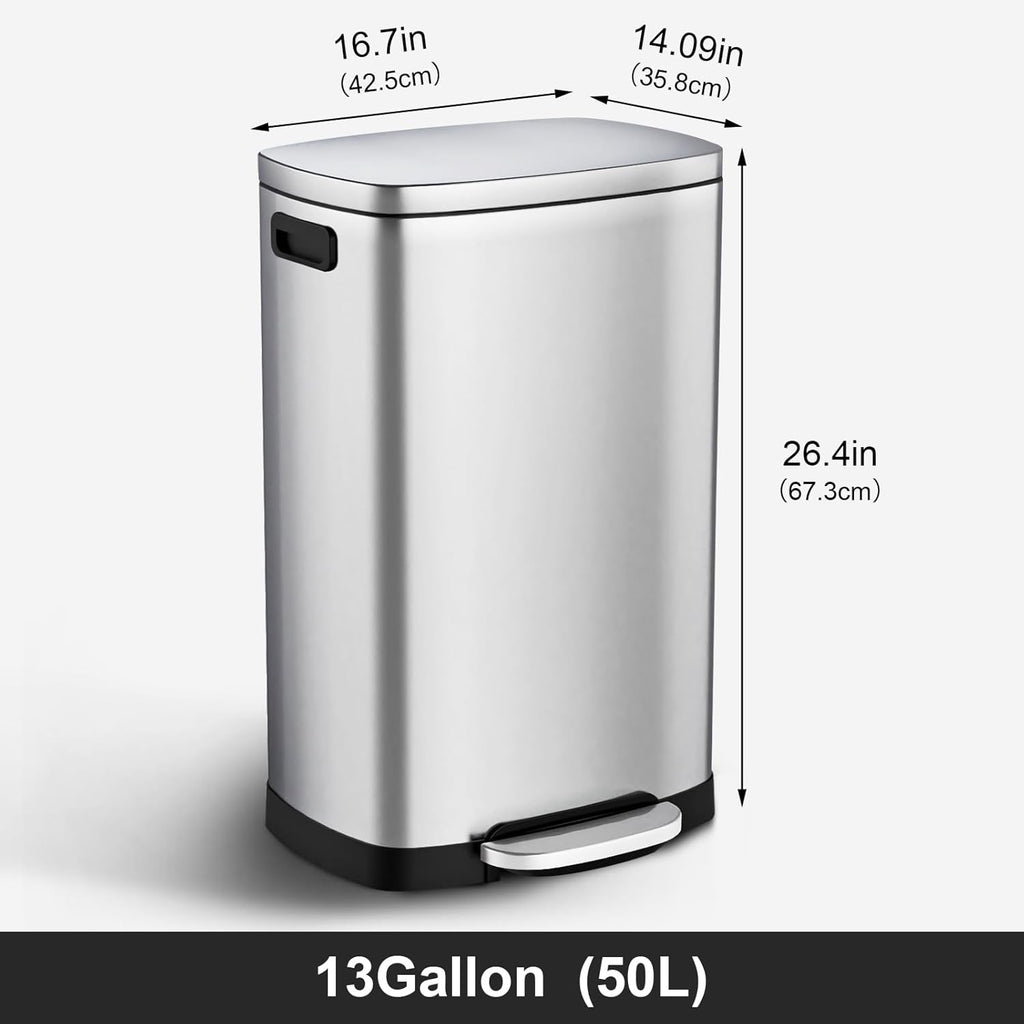 Kitchen Trash Can with Soft-Close Lid — 13-Gallon/50-Liter Stainless Steel Step-On Trash Can.
