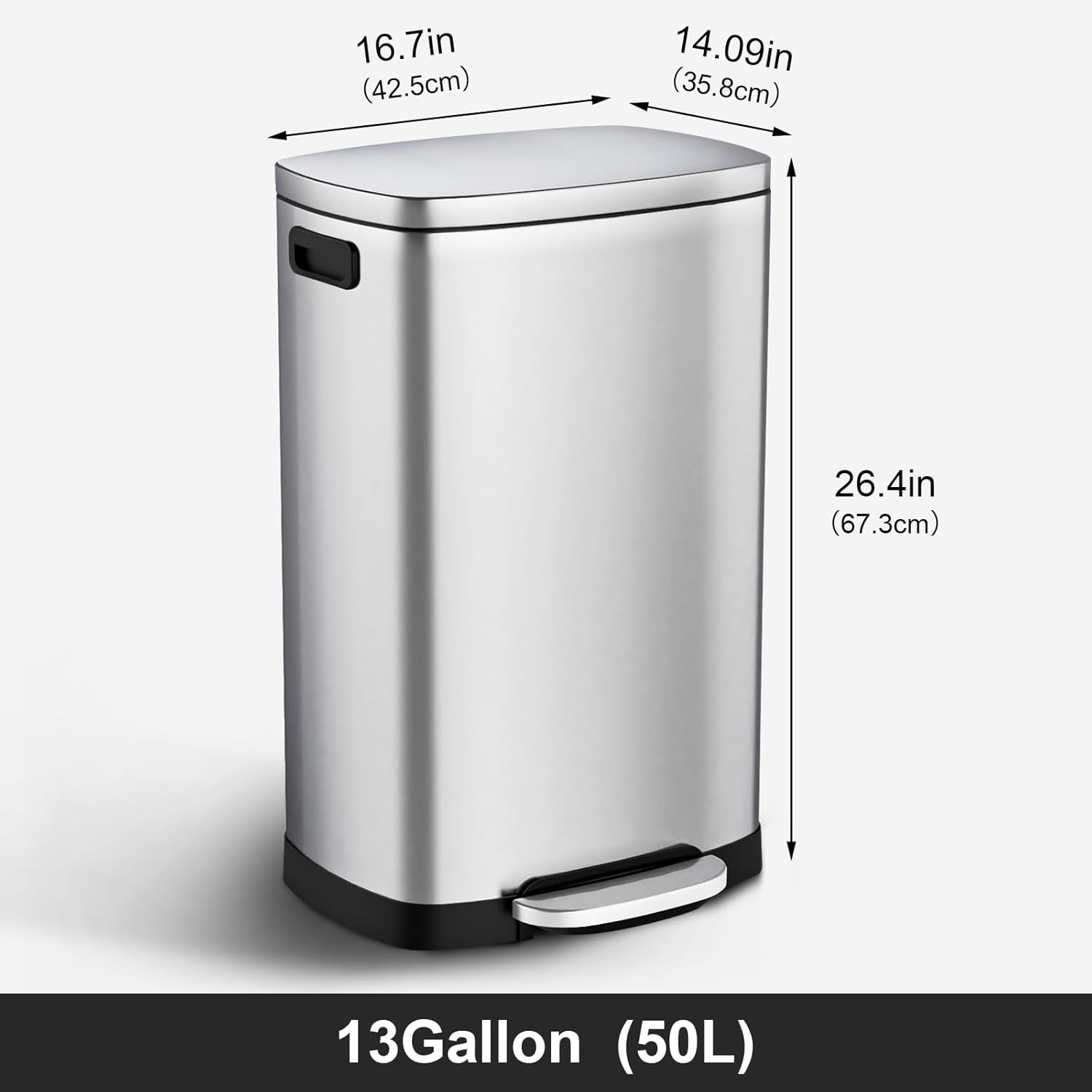 Kitchen Trash Can with Soft-Close Lid — 13-Gallon/50-Liter Stainless Steel Step-On Trash Can.