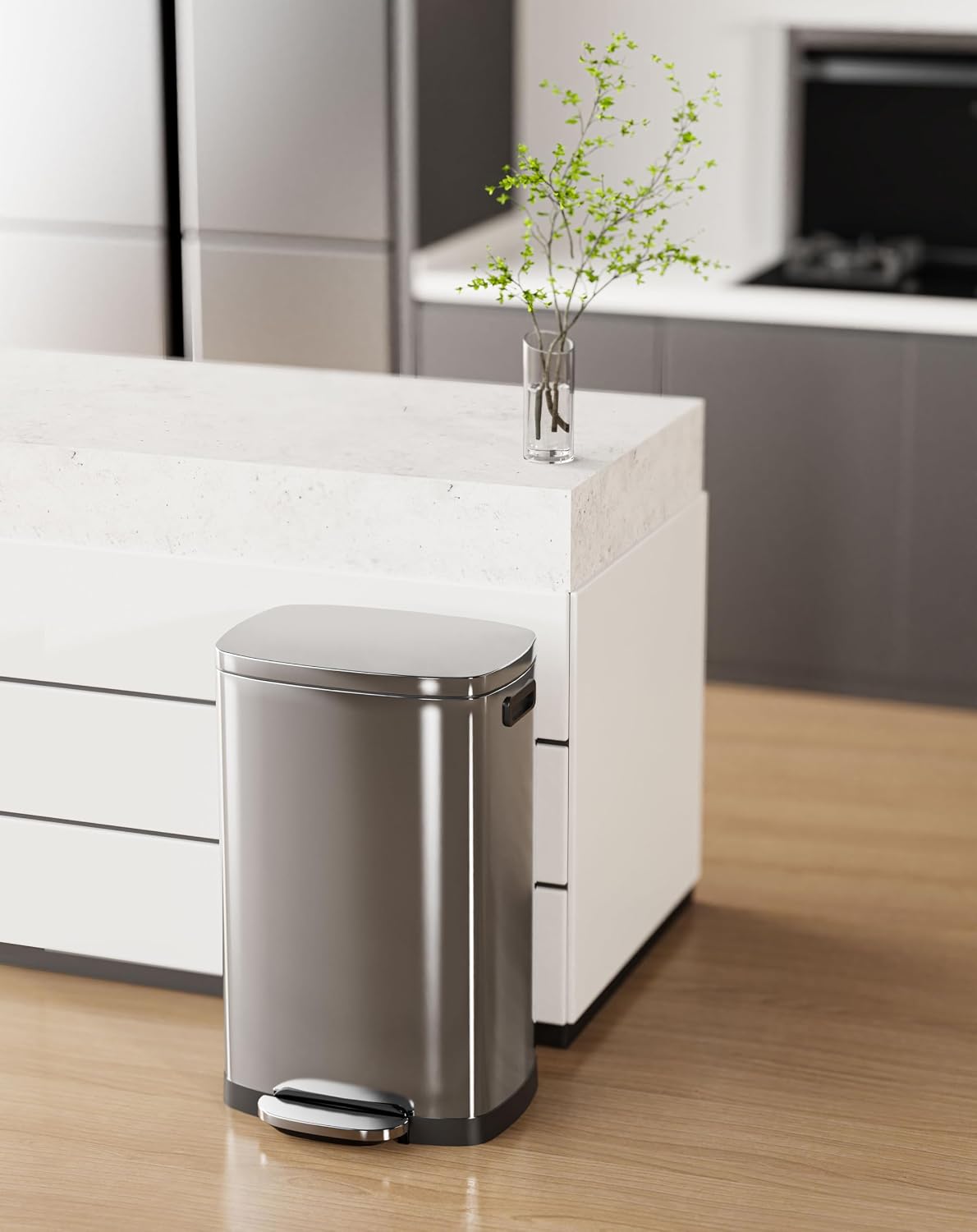Kitchen Trash Can with Soft-Close Lid — 13-Gallon/50-Liter Stainless Steel Step-On Trash Can.