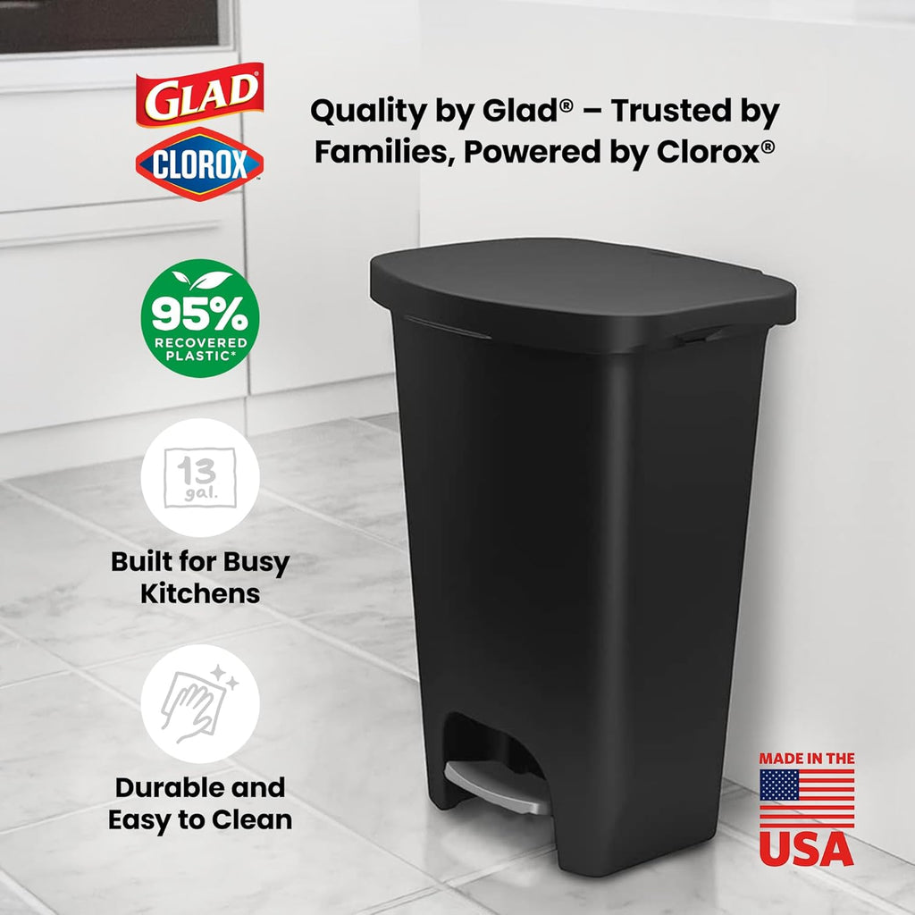 Kitchen Trash Can with Lid (includes foot pedal and trash bag retaining ring, 13-gallon, black)