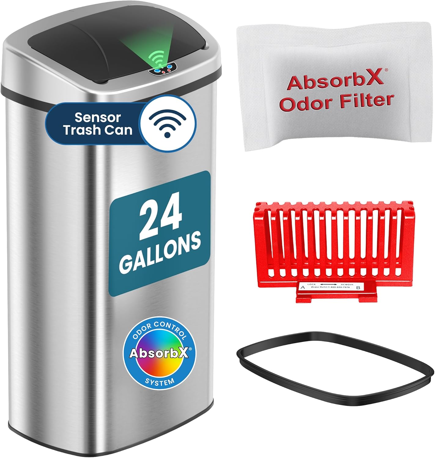 13-Gallon (Approx. 50L) Stainless Steel Motion-Sensor Kitchen Trash Can with Lid and AbsorbX Odor Filter