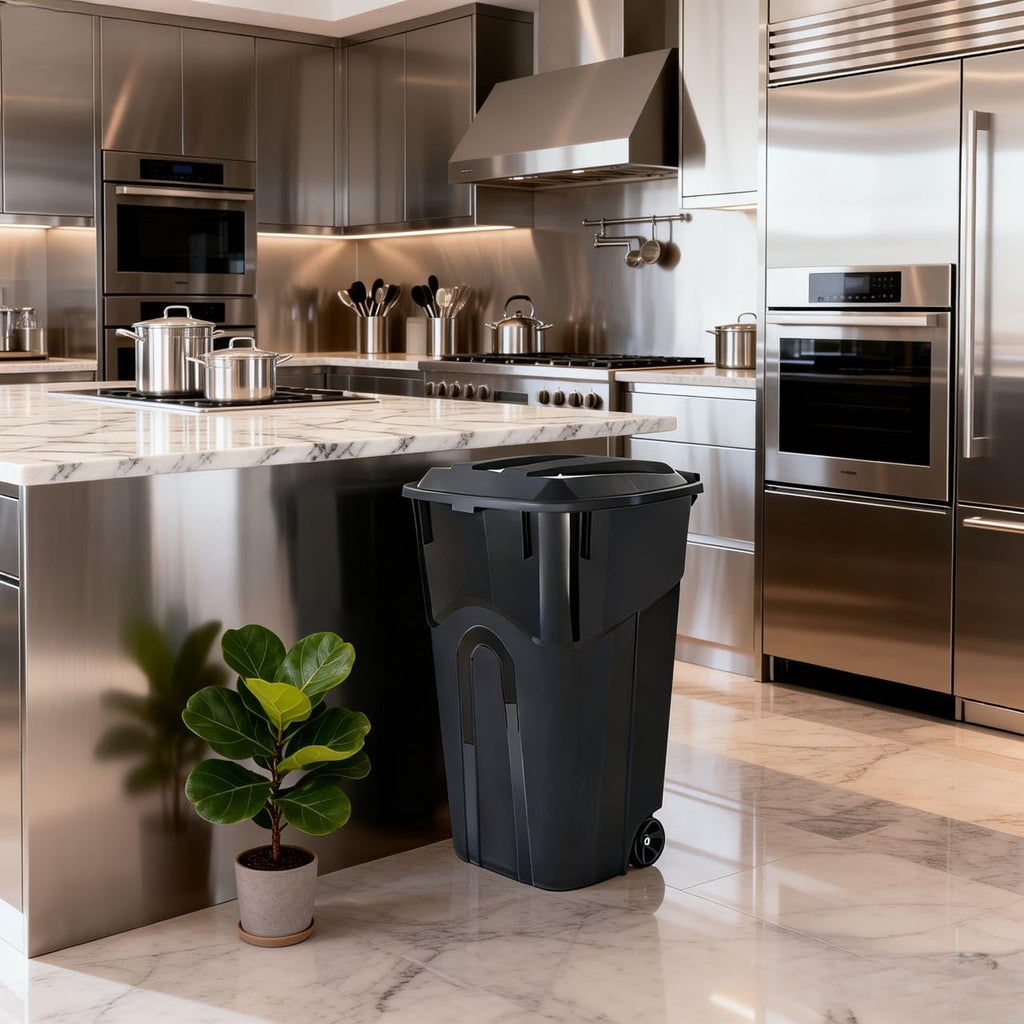32 Gallon Wheeled Garbage Can. Attached Lid. Black : Home & Kitchen