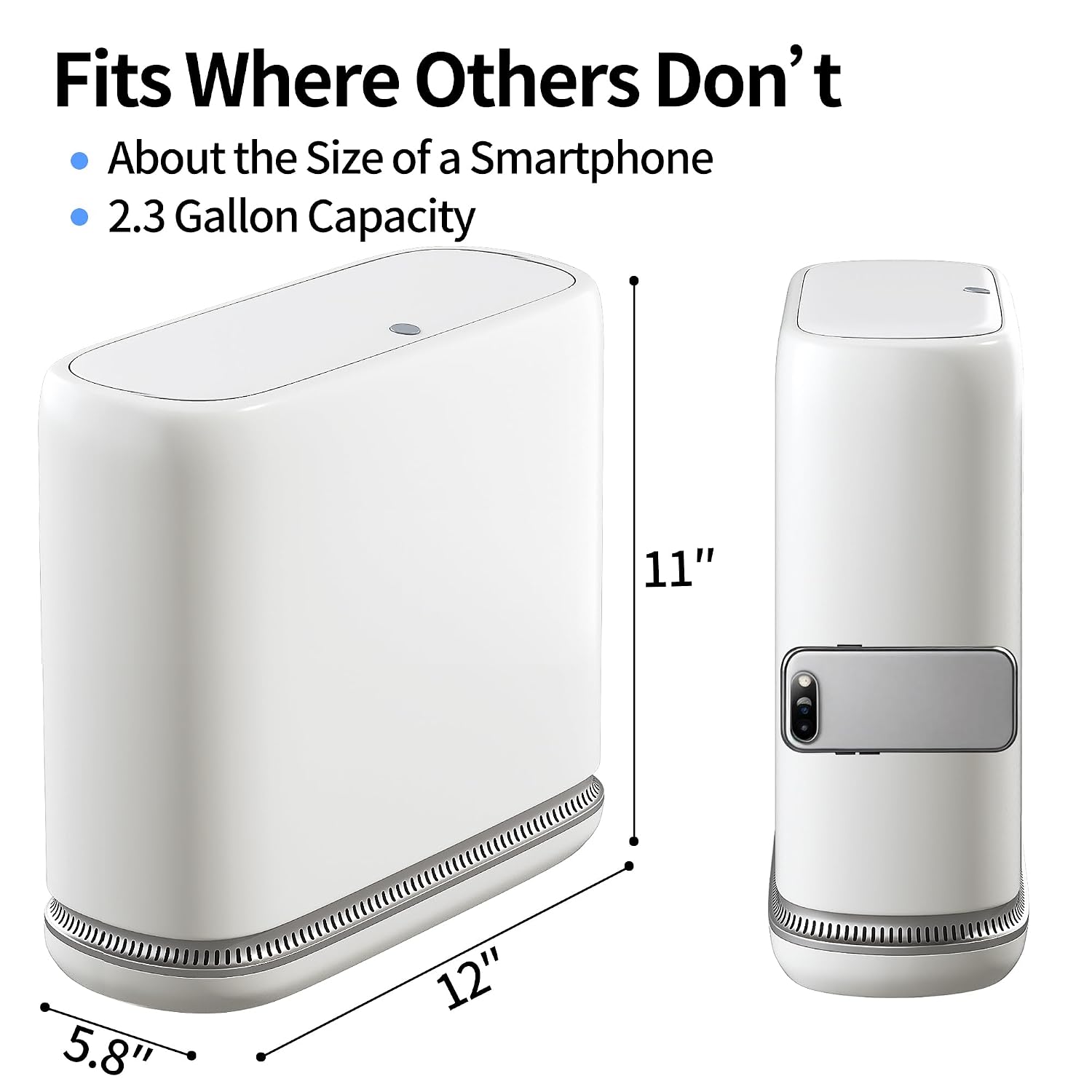 Small Bathroom Trash Can with Lid — 2.3-Gallon Slim Design, Featuring a Hidden Inner Bucket and Secure Bag-Tuck Mechanism, Push-Button Lid, White