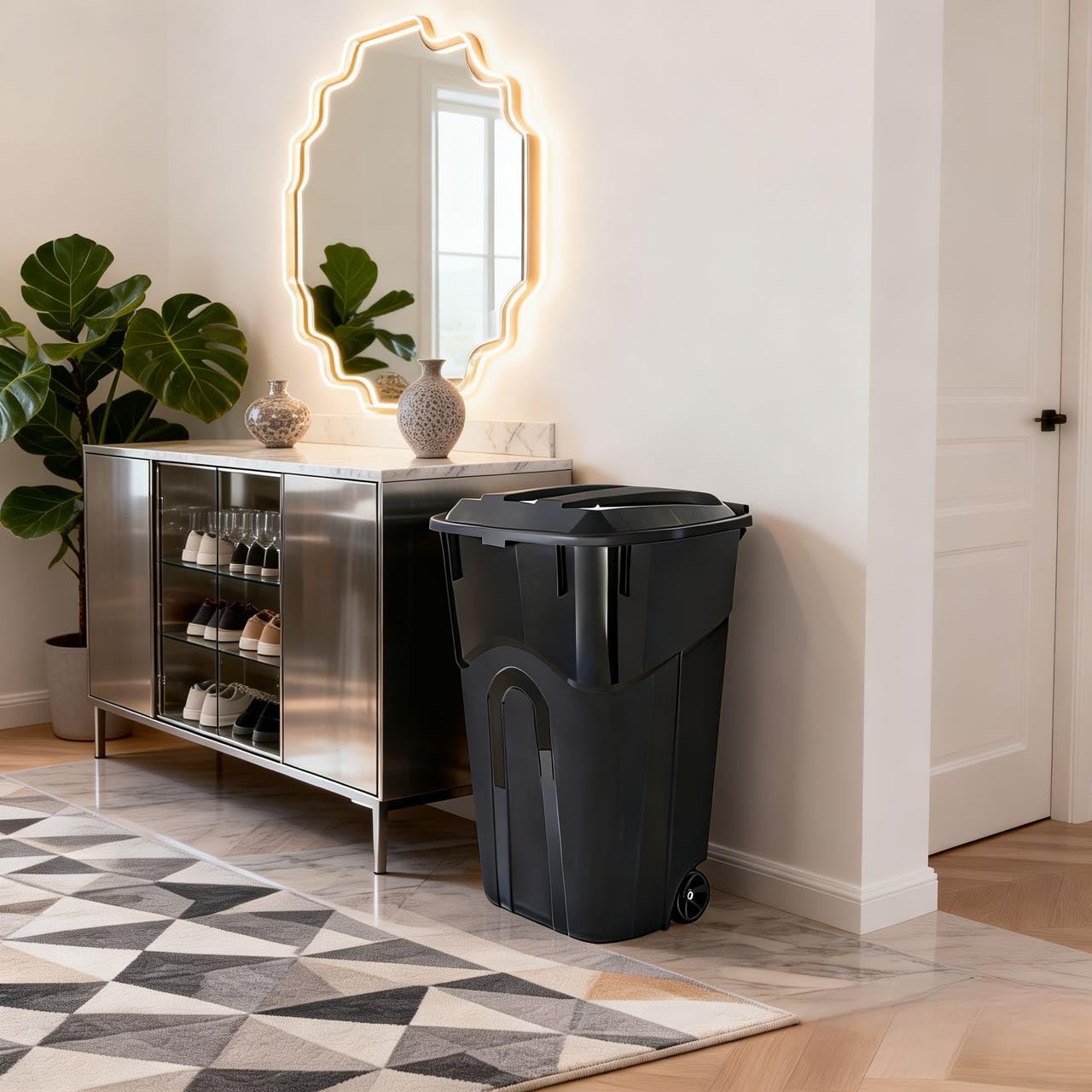 32 Gallon Wheeled Garbage Can. Attached Lid. Black : Home & Kitchen