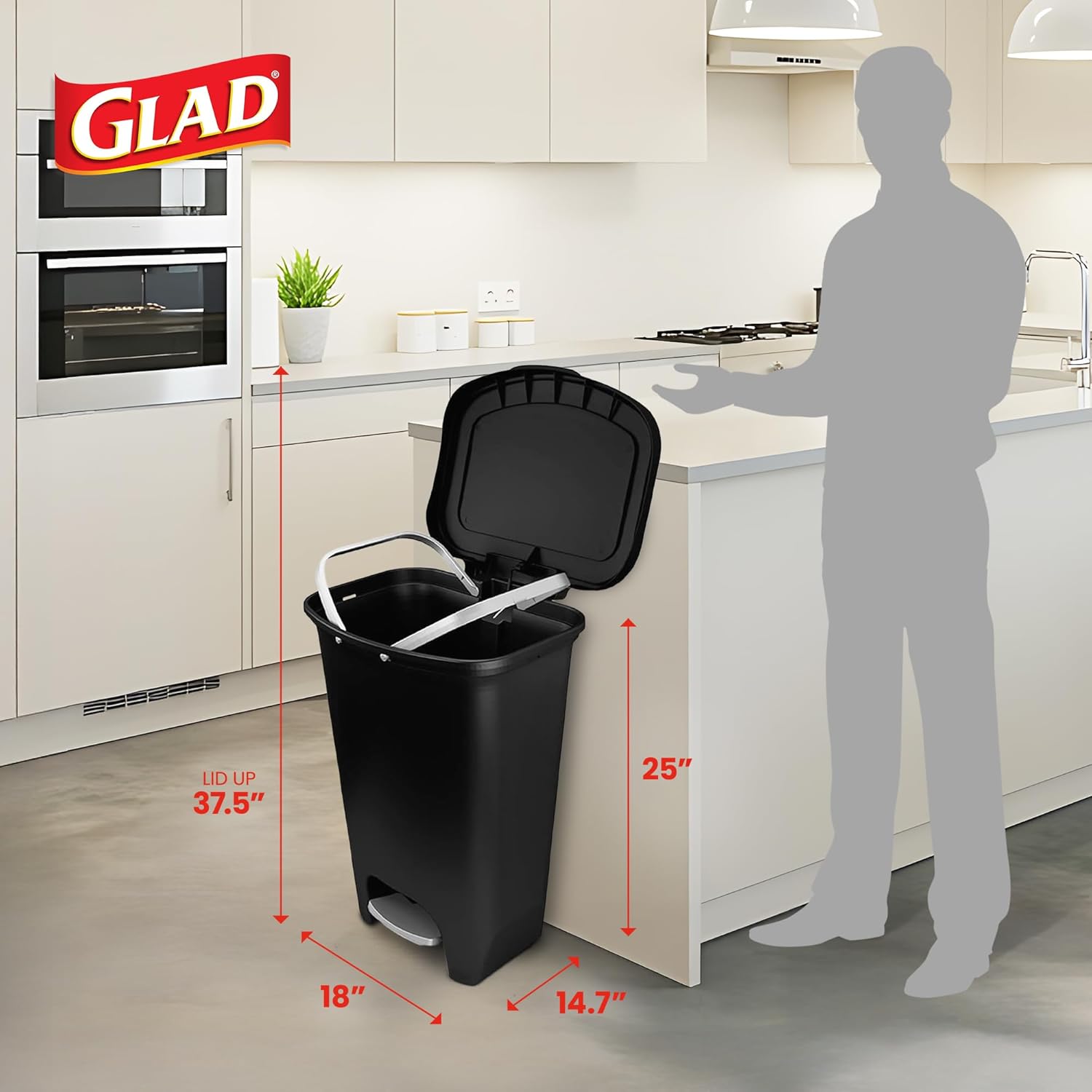 Kitchen Trash Can with Lid (includes foot pedal and trash bag retaining ring, 13-gallon, black)