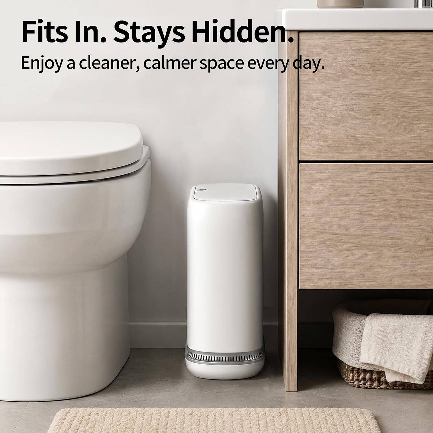 Small Bathroom Trash Can with Lid — 2.3-Gallon Slim Design, Featuring a Hidden Inner Bucket and Secure Bag-Tuck Mechanism, Push-Button Lid, White