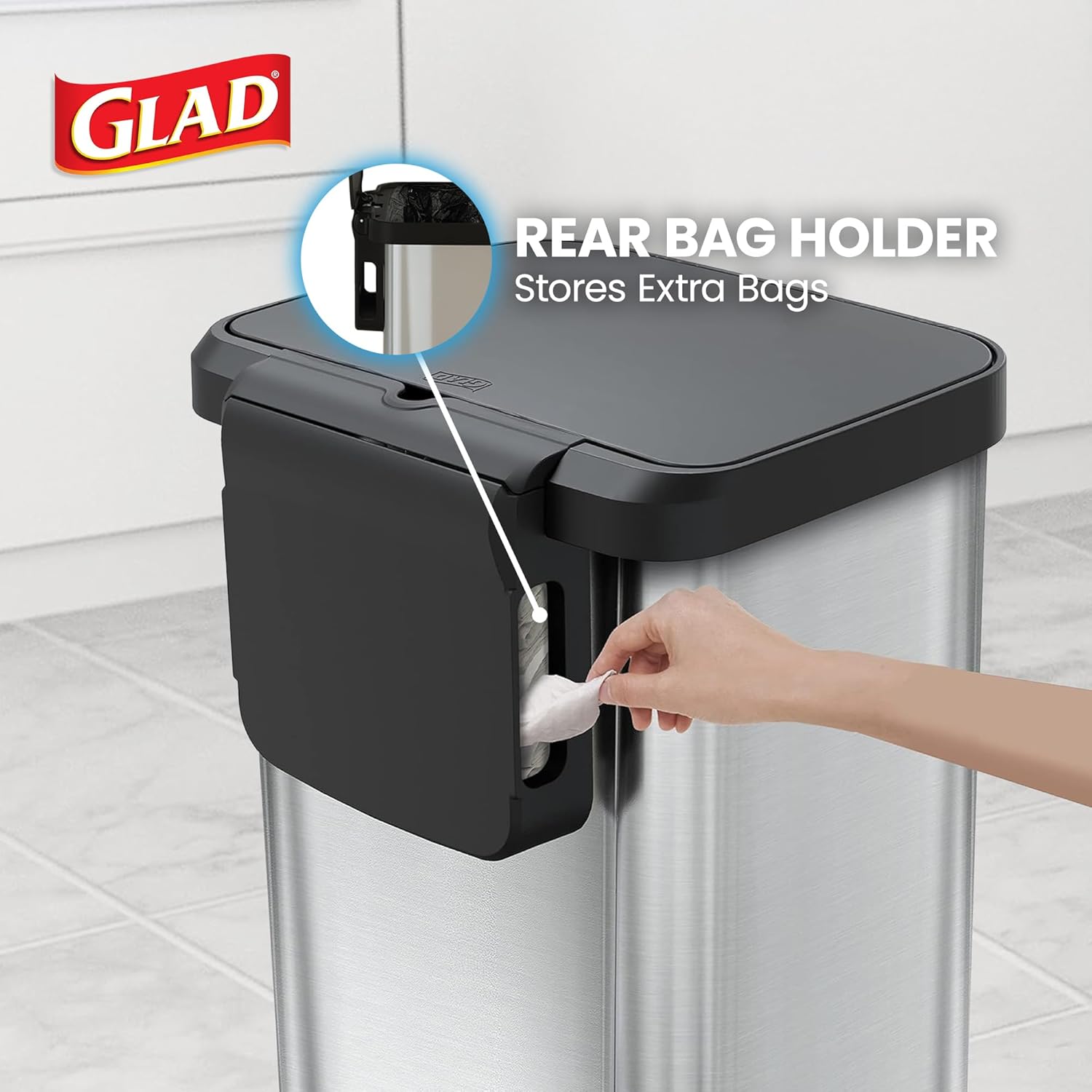 Pedal-operated trash can — features a soft-close lid and odor-blocking design.