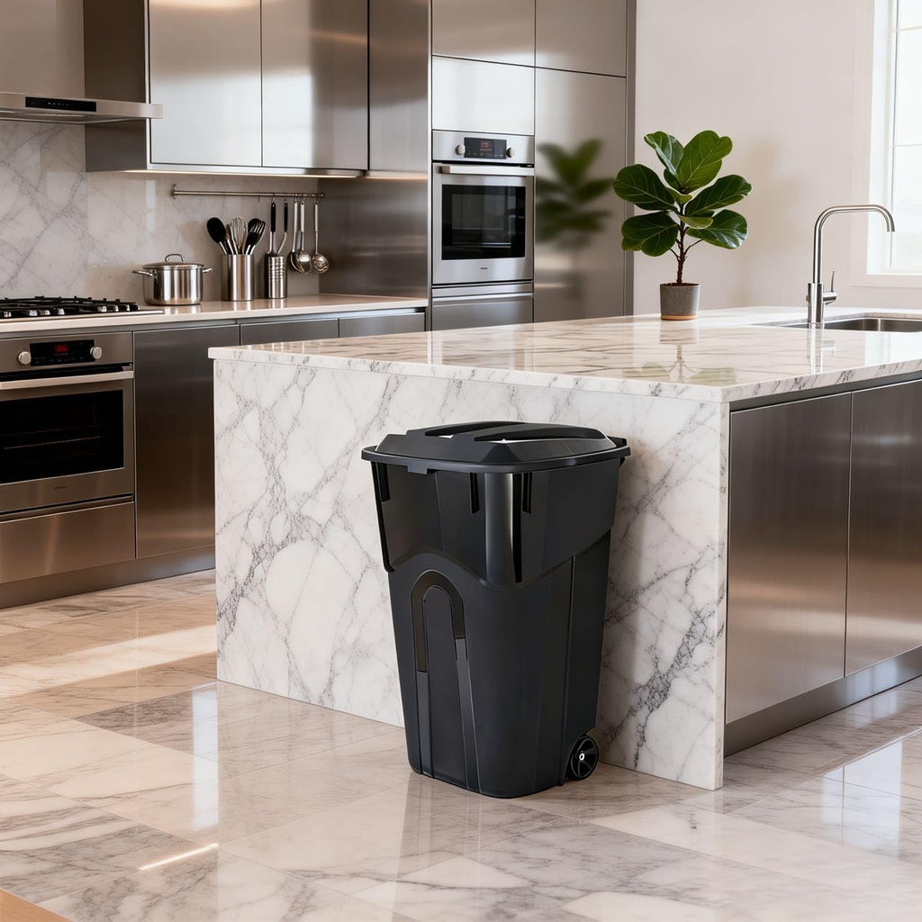 32 Gallon Wheeled Garbage Can. Attached Lid. Black : Home & Kitchen