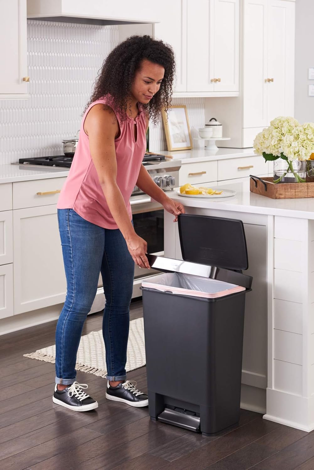 Home/Kitchen Step Trash Can with Stainless Steel Rim, 12.4-Gallon Capacity, Charcoal Gray