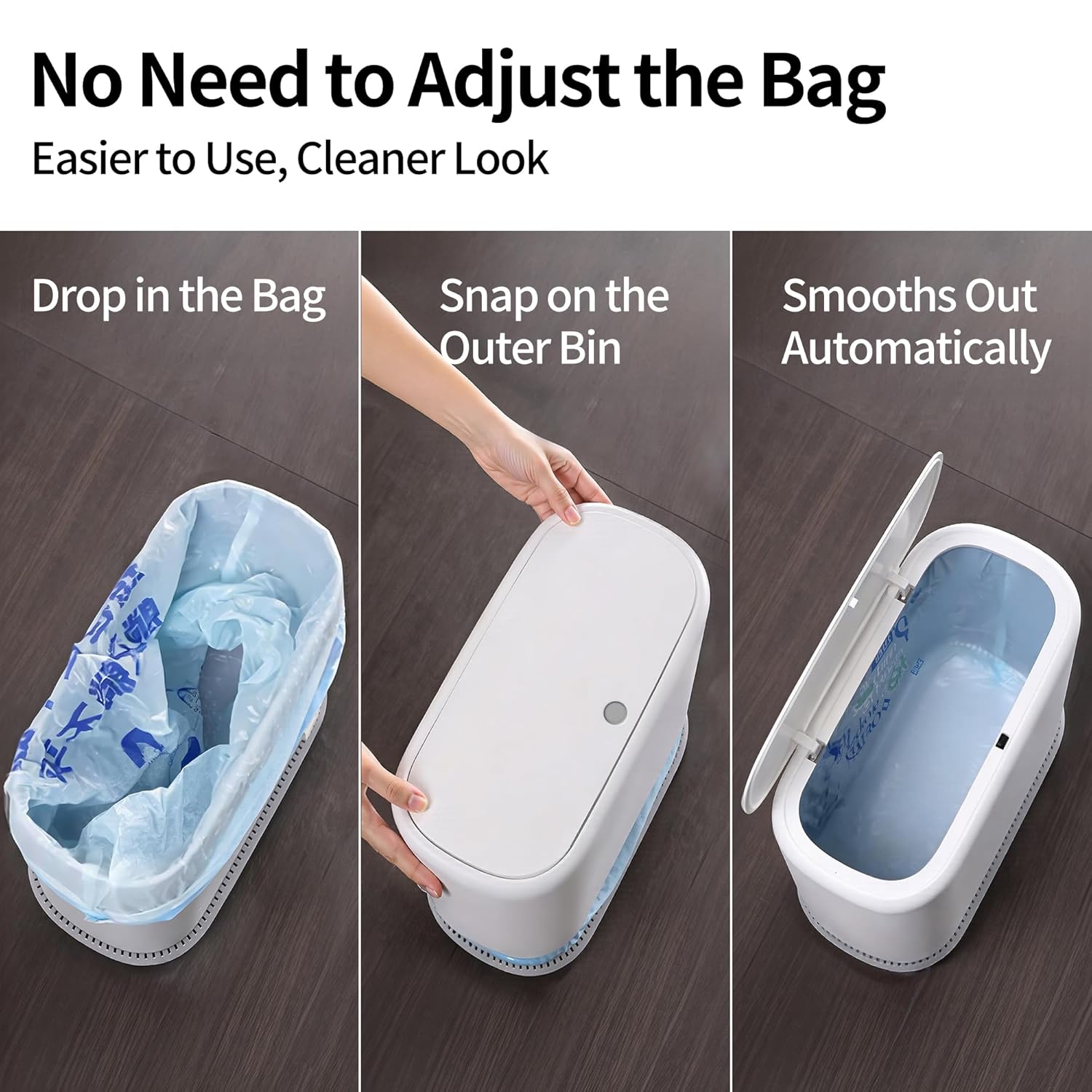 Small Bathroom Trash Can with Lid — 2.3-Gallon Slim Design, Featuring a Hidden Inner Bucket and Secure Bag-Tuck Mechanism, Push-Button Lid, White