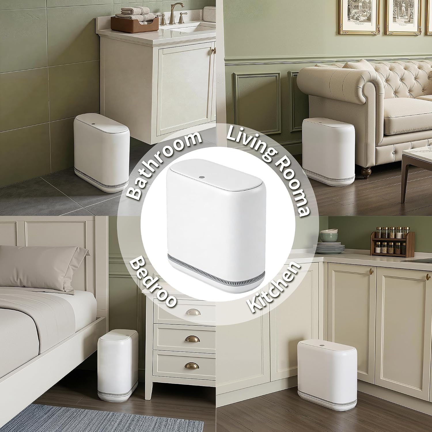 Small Bathroom Trash Can with Lid — 2.3-Gallon Slim Design, Featuring a Hidden Inner Bucket and Secure Bag-Tuck Mechanism, Push-Button Lid, White