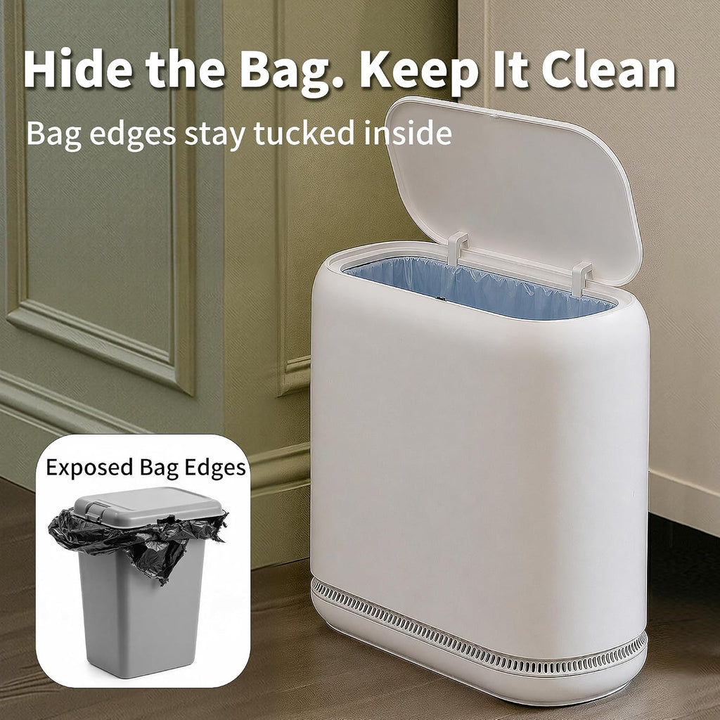 Small Bathroom Trash Can with Lid — 2.3-Gallon Slim Design, Featuring a Hidden Inner Bucket and Secure Bag-Tuck Mechanism, Push-Button Lid, White
