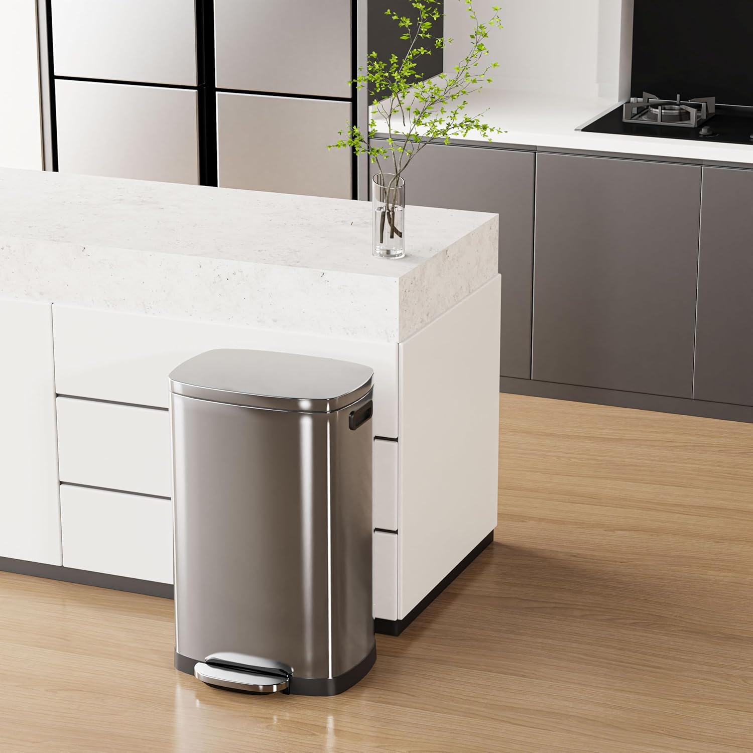 Kitchen Trash Can with Soft-Close Lid — 13-Gallon/50-Liter Stainless Steel Step-On Trash Can.