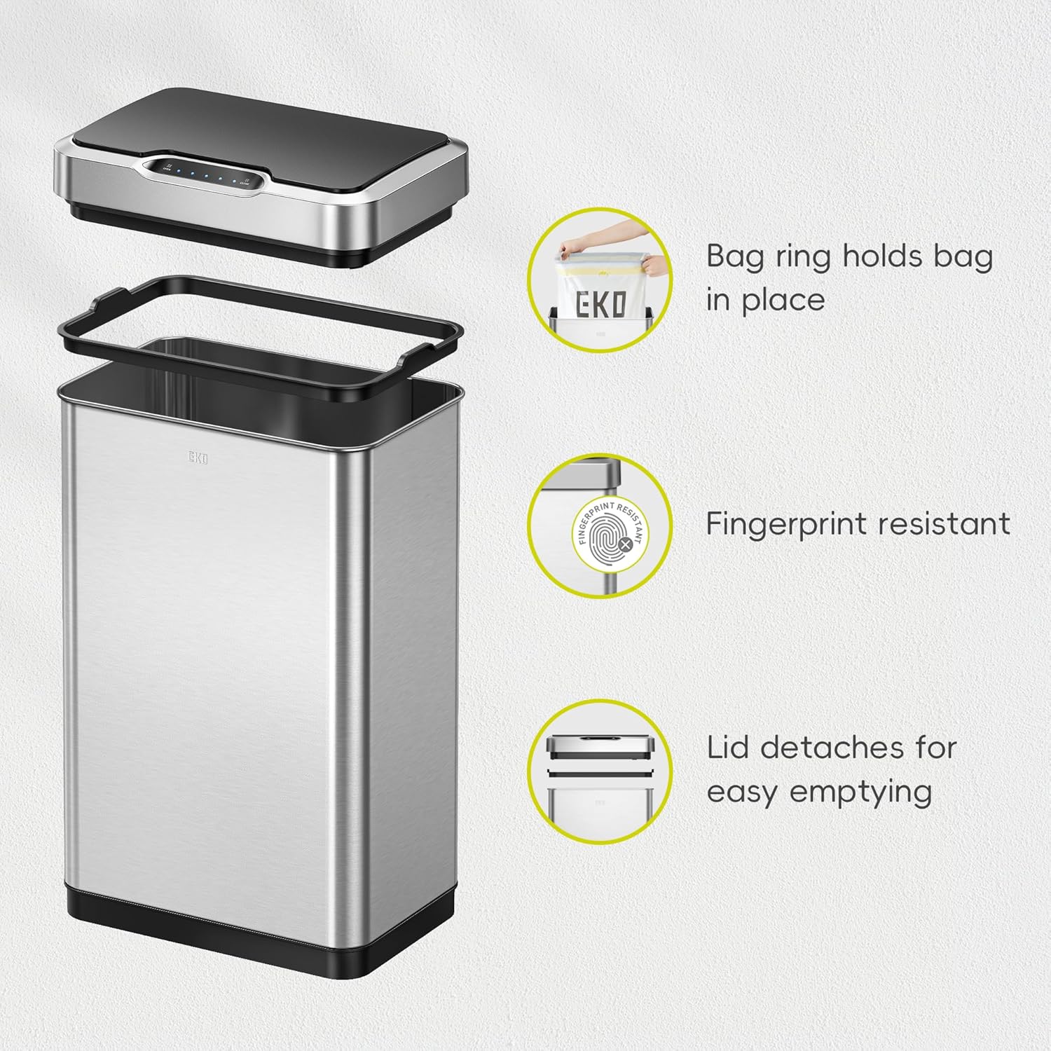 50L/13.2-Gallon Rectangular Touchless Sensor Trash Can (Brushed Stainless Steel Finish)