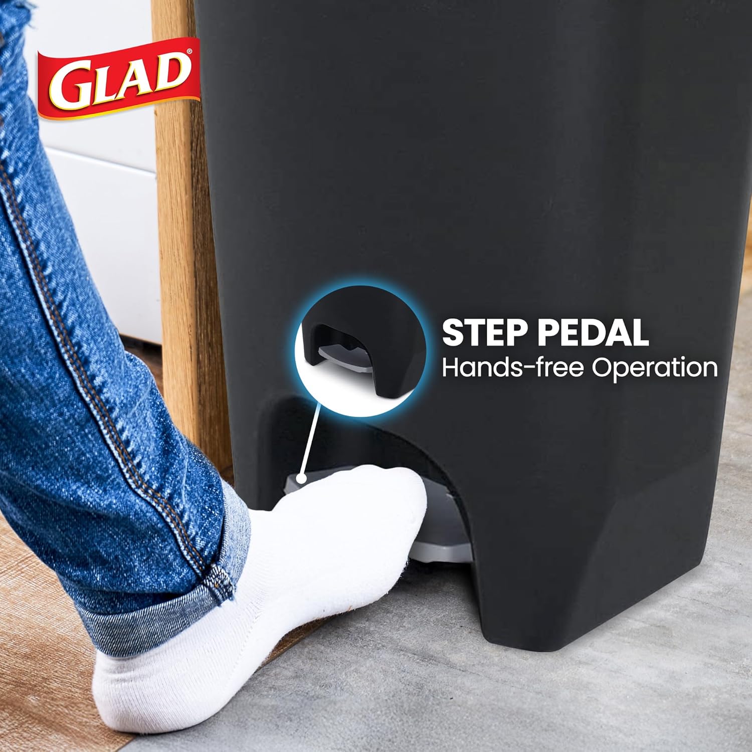 Kitchen Trash Can with Lid (includes foot pedal and trash bag retaining ring, 13-gallon, black)