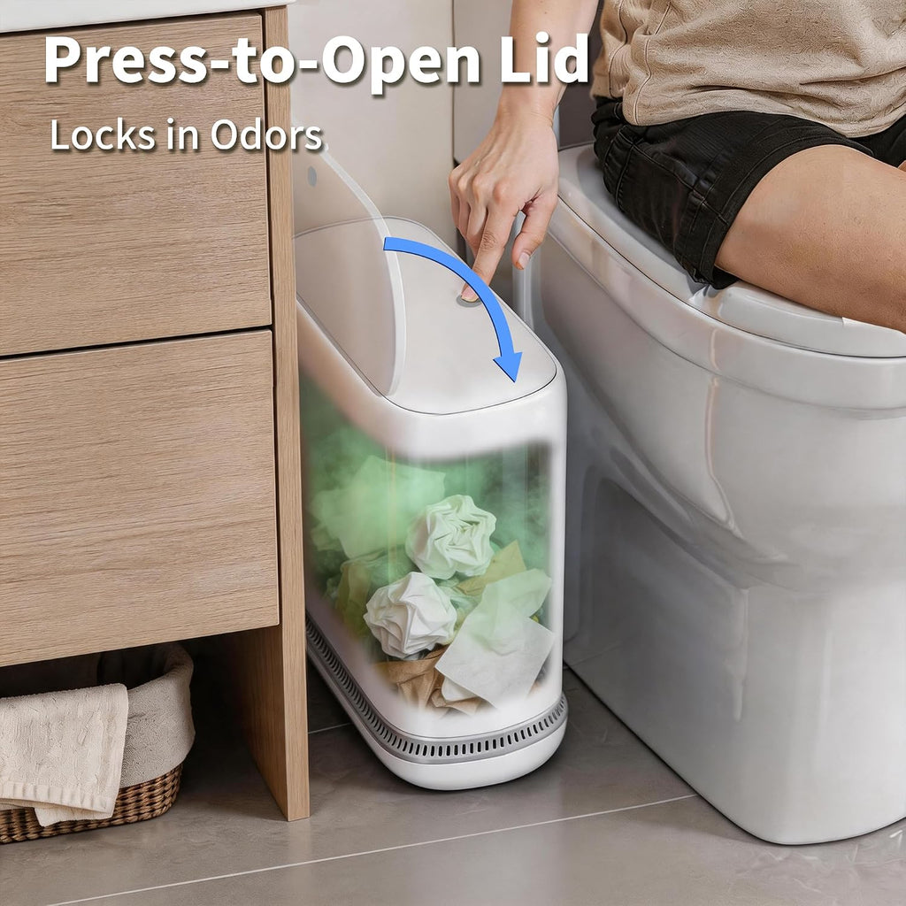 Small Bathroom Trash Can with Lid — 2.3-Gallon Slim Design, Featuring a Hidden Inner Bucket and Secure Bag-Tuck Mechanism, Push-Button Lid, White
