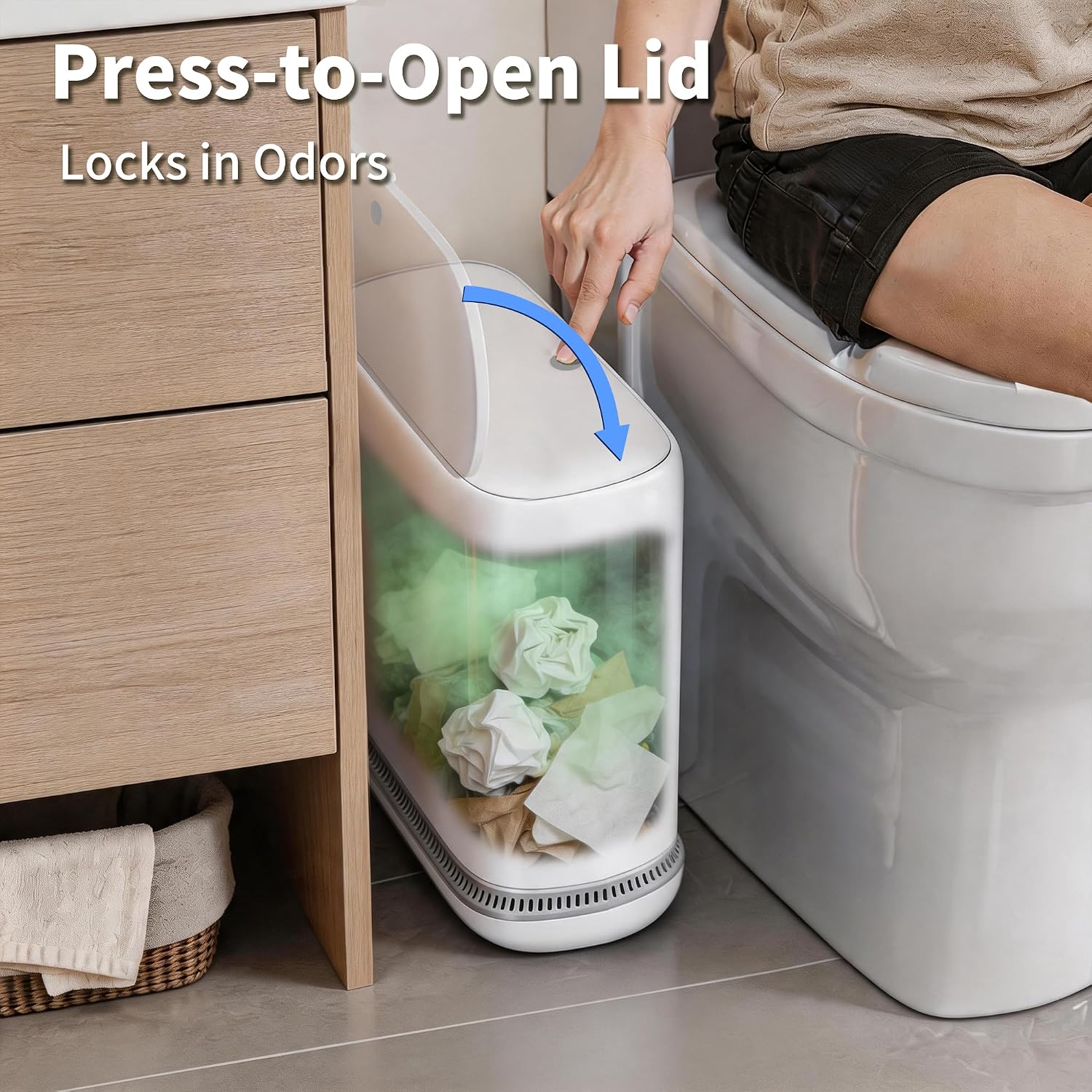 Small Bathroom Trash Can with Lid — 2.3-Gallon Slim Design, Featuring a Hidden Inner Bucket and Secure Bag-Tuck Mechanism, Push-Button Lid, White