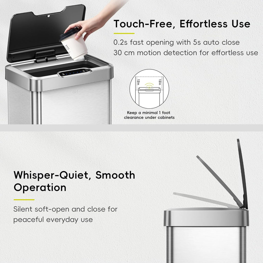 50L/13.2-Gallon Rectangular Touchless Sensor Trash Can (Brushed Stainless Steel Finish)