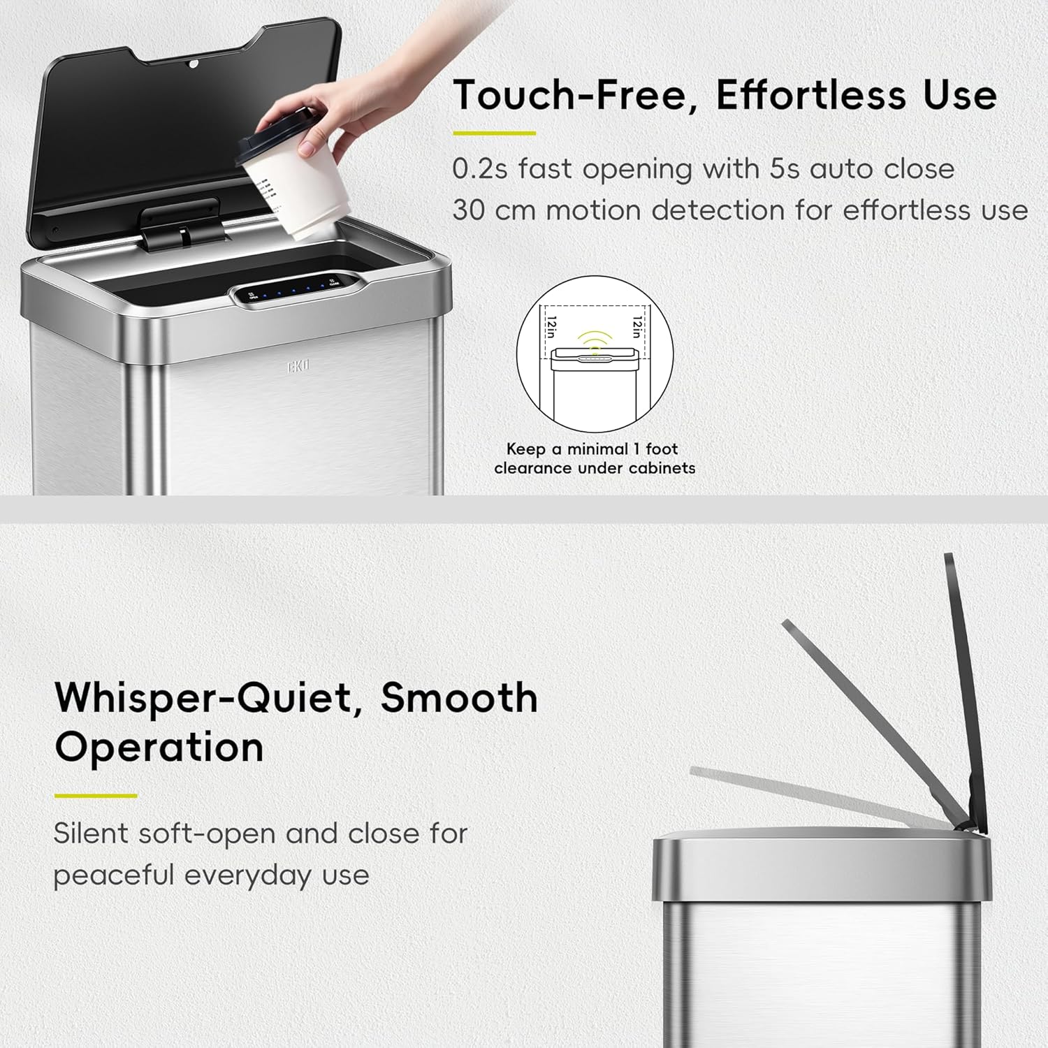 50L/13.2-Gallon Rectangular Touchless Sensor Trash Can (Brushed Stainless Steel Finish)