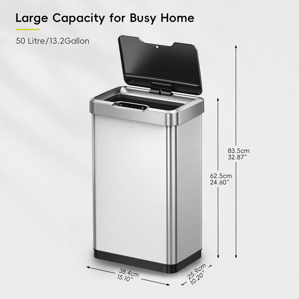 50L/13.2-Gallon Rectangular Touchless Sensor Trash Can (Brushed Stainless Steel Finish)