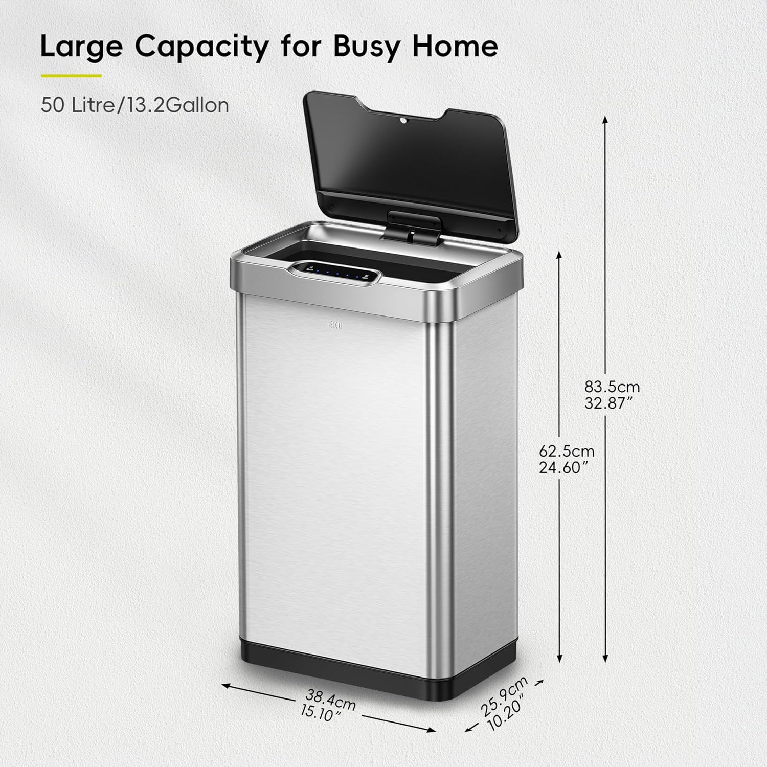 50L/13.2-Gallon Rectangular Touchless Sensor Trash Can (Brushed Stainless Steel Finish)